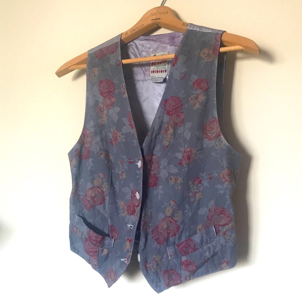 Et Vous 80s floral linen vest hand dyed spring unisex M vintage one of a kind - Picture 1 of 5